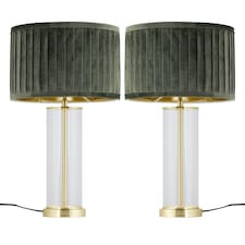 Set of 2 Aura - Satin Brass Lamps with Green Pleated Velvet Shades Bronze | Green