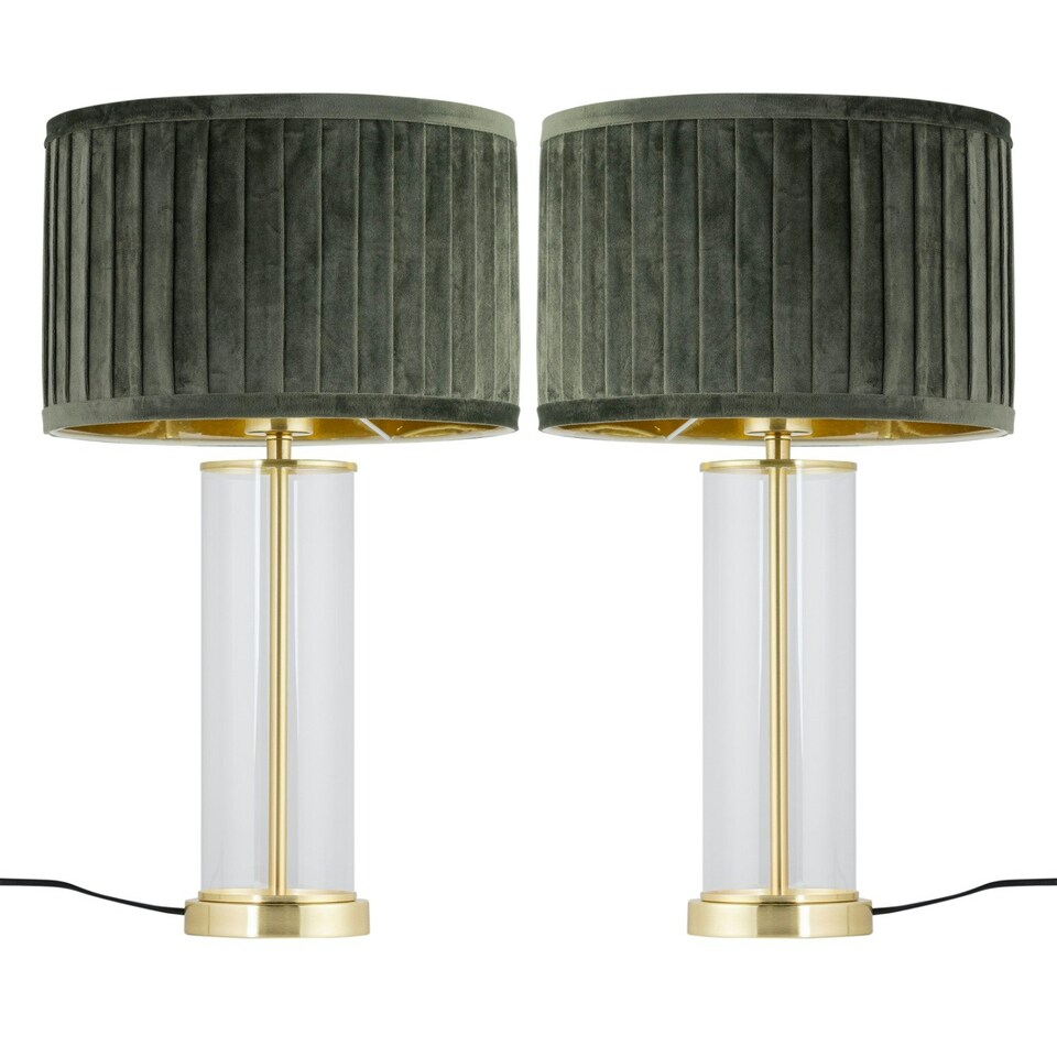 image 1 of Set of 2 Aura - Satin Brass Lamps with Green Pleated Velvet Shades Bronze | Green