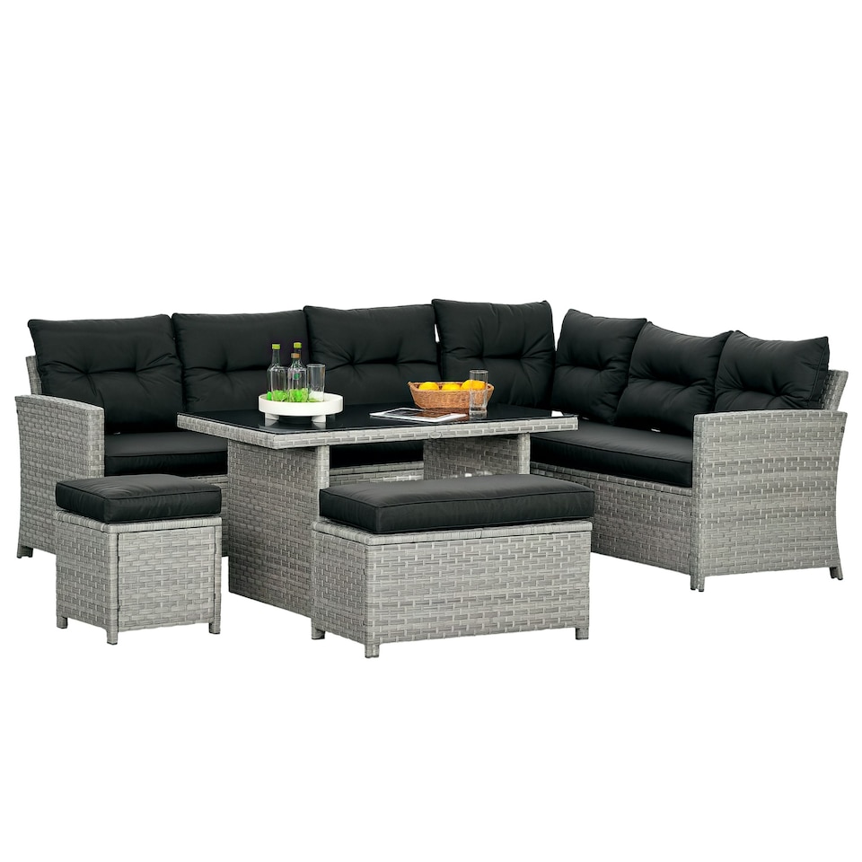 image 1 of Outsunny 5 PCs Rattan Garden Furniture Set with Stools, Table, Cushion, Grey