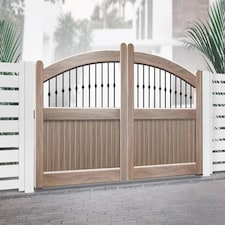 Double Swing Gate 4250x1800mm Wood - Vertical Solid Infill, Bell-Curved Top Brown