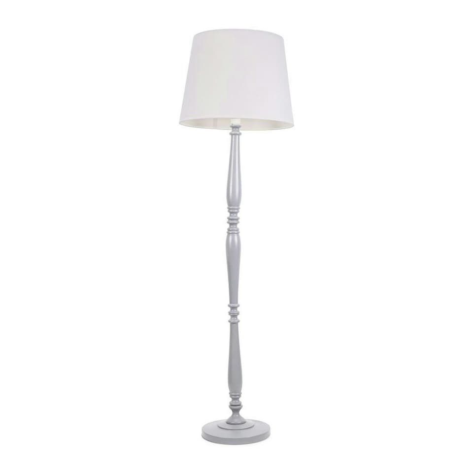 image 1 of ValueLights Victoria Grey Wood Traditional Stem Floor Lamp with White Fabric Tapered Shade and LED Bulb