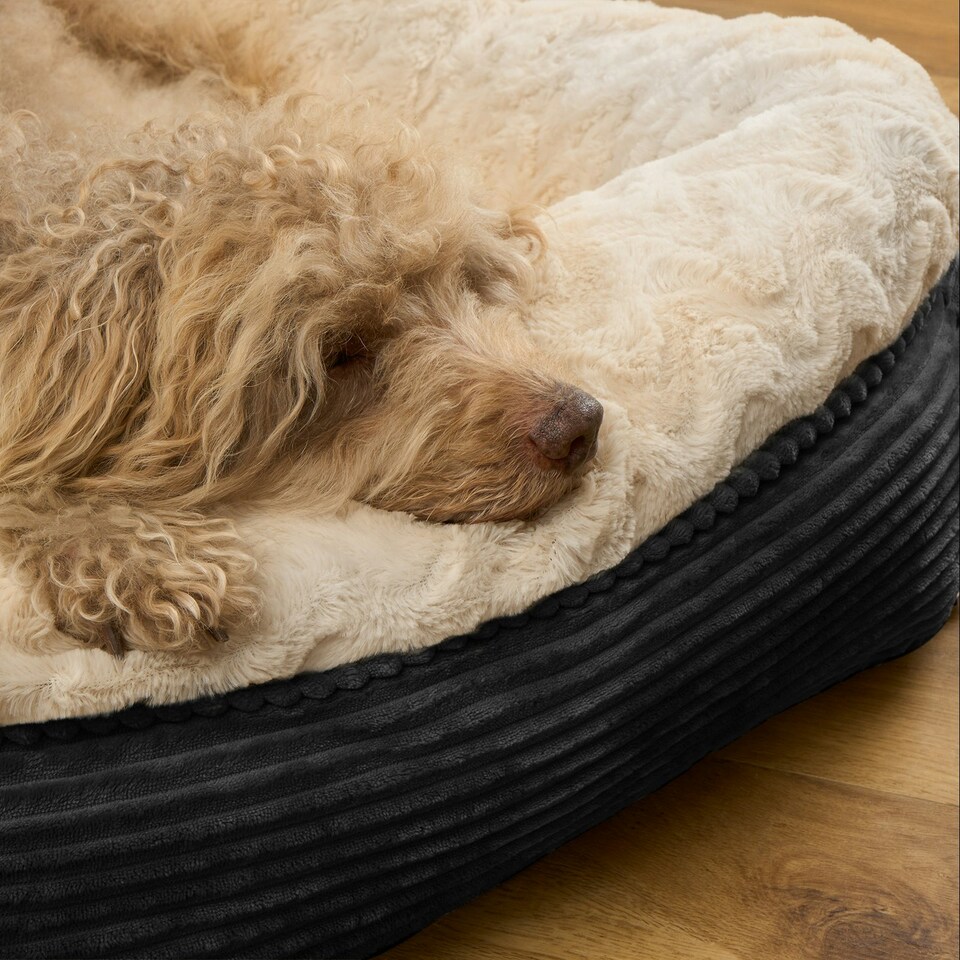image 1 of OHS Pet Bed Cushion Dog Cat Ribbed Soft Plump Plush Cosy Fleece Large Multi | Black and Cream | L