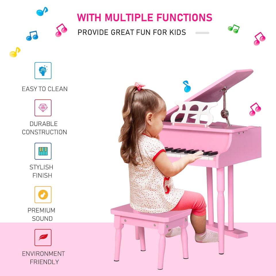 image 1 of HOMCOM 30 Keys Mini Kids Piano with Music Stand and Bench Best Gifts Toy