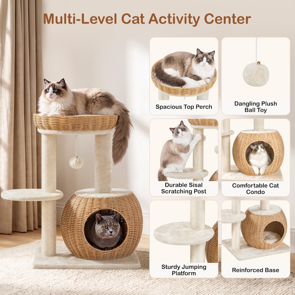 image 1 of Yaheetech 72cm Rattan Cat Tree with Sisal Scratching Post, Wicker Condo, Basket and Removable Soft Cushion, Cat Furniture for Small and Medium Cats, Beige