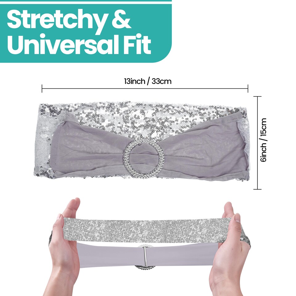 image 1 of Sequin Chair Sashes Stretch Spandex Chair Bands with Silver Buckle - 10pcs