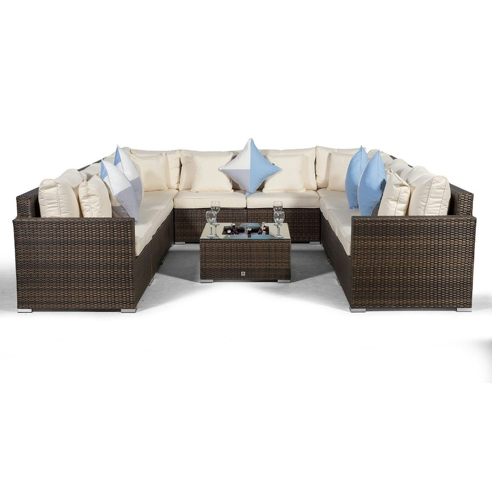 image 1 of Havana 10 Seat Rattan Sofa Conversation Set with Ice Bucket Coffee Table Brown | Ivory