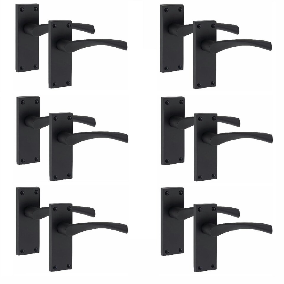 image 1 of Golden Grace 6 Pairs Victorian Scroll Astrid Door Handles Latch in Matt Black Finish - 120mm x 40mm Backplate Black