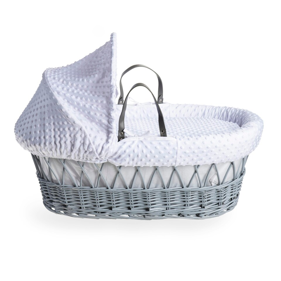 image 1 of Clair de Lune White Dimple Grey Wicker Moses Basket With Grey Rocking Stand