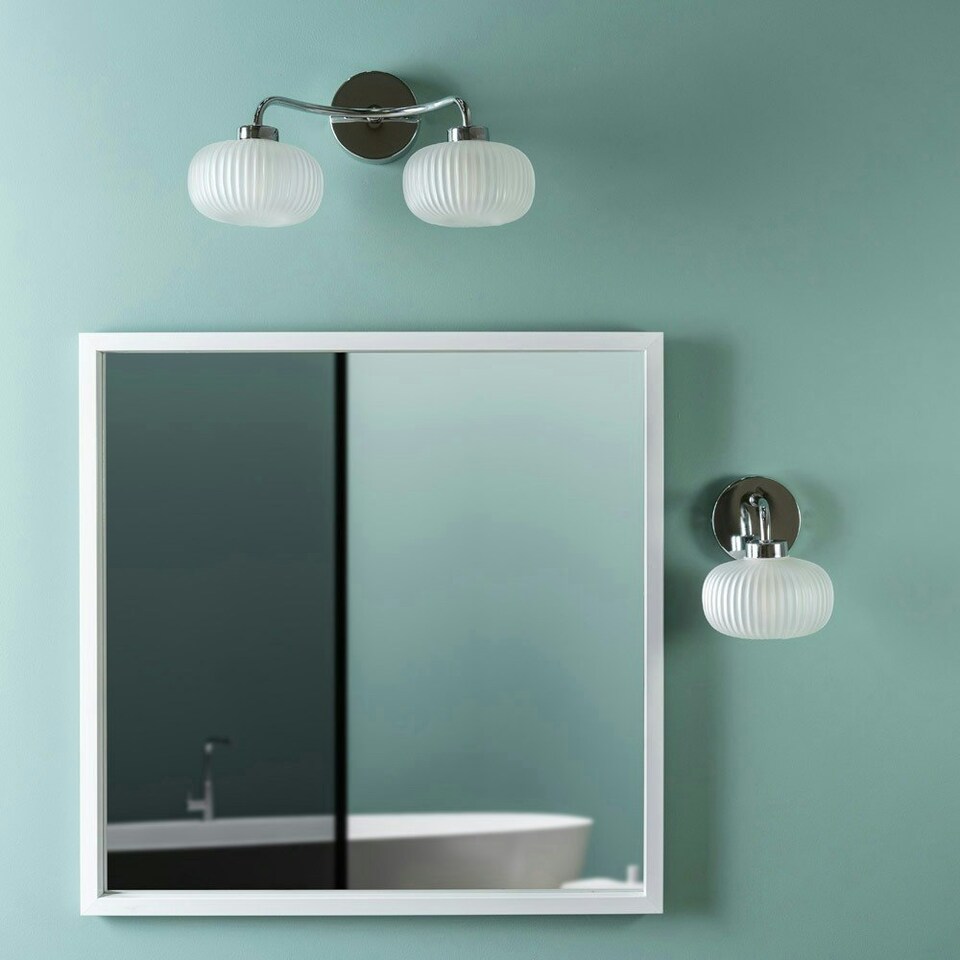 image 1 of ValueLights Amaia Pair of Polished Chrome IP44 Rated 2 Way Frosted Ribbed Glass Wall Lights