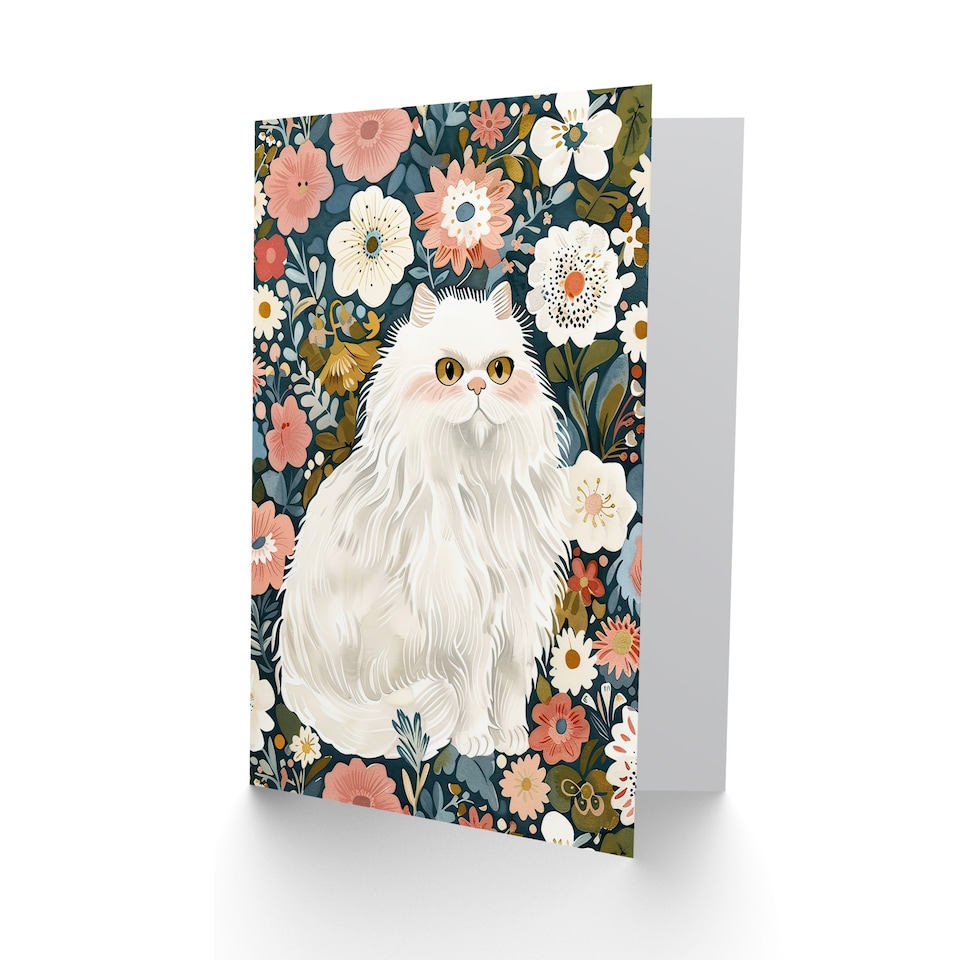 image 1 of Greeting Card Elegant Persian Cat Lover Flower Garden Portrait