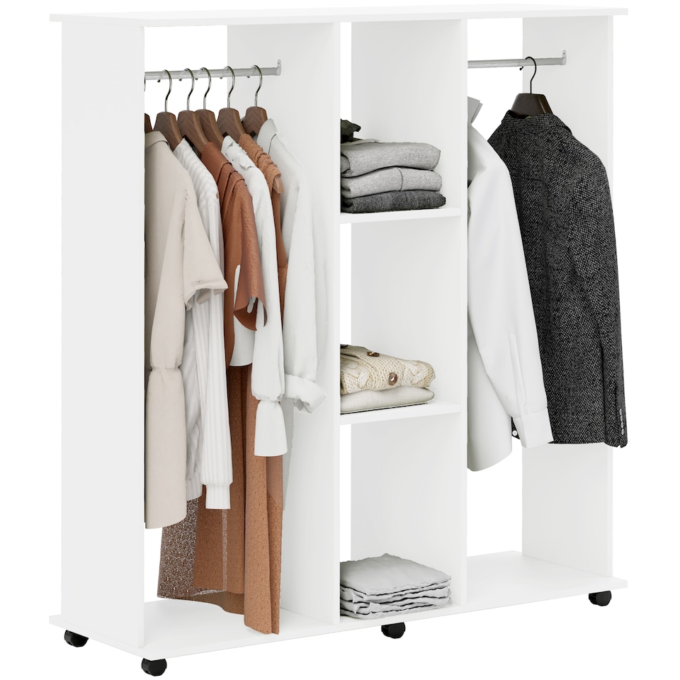 image 1 of HOMCOM Double Open Wardrobe on Wheels, Bedroom Wardrobe with Clothes Hanging Rails, 3 Storage Shelves, Mobile Garment Rack for Cloakroom, Hallway, White