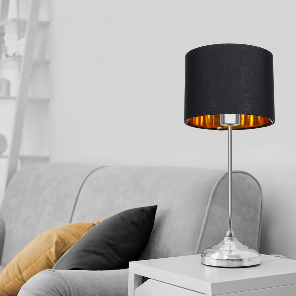 image 1 of Modern Black Cotton Fabric Small 8 Drum Lamp Shade with Shiny Golden Inner | Black | 8"