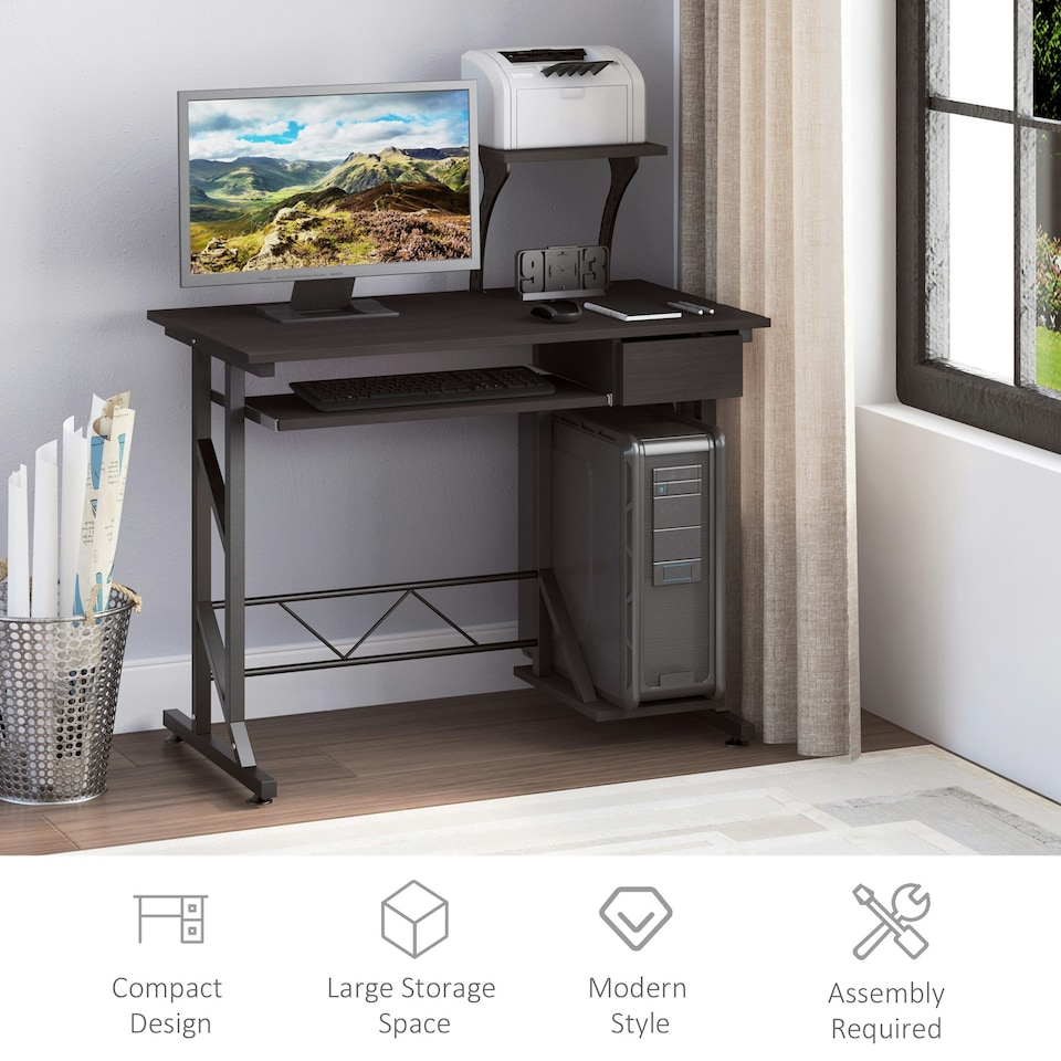 image 1 of HOMCOM Computer Desk Quality Office Home PC Shelf Tray Wood Station Dark Brown