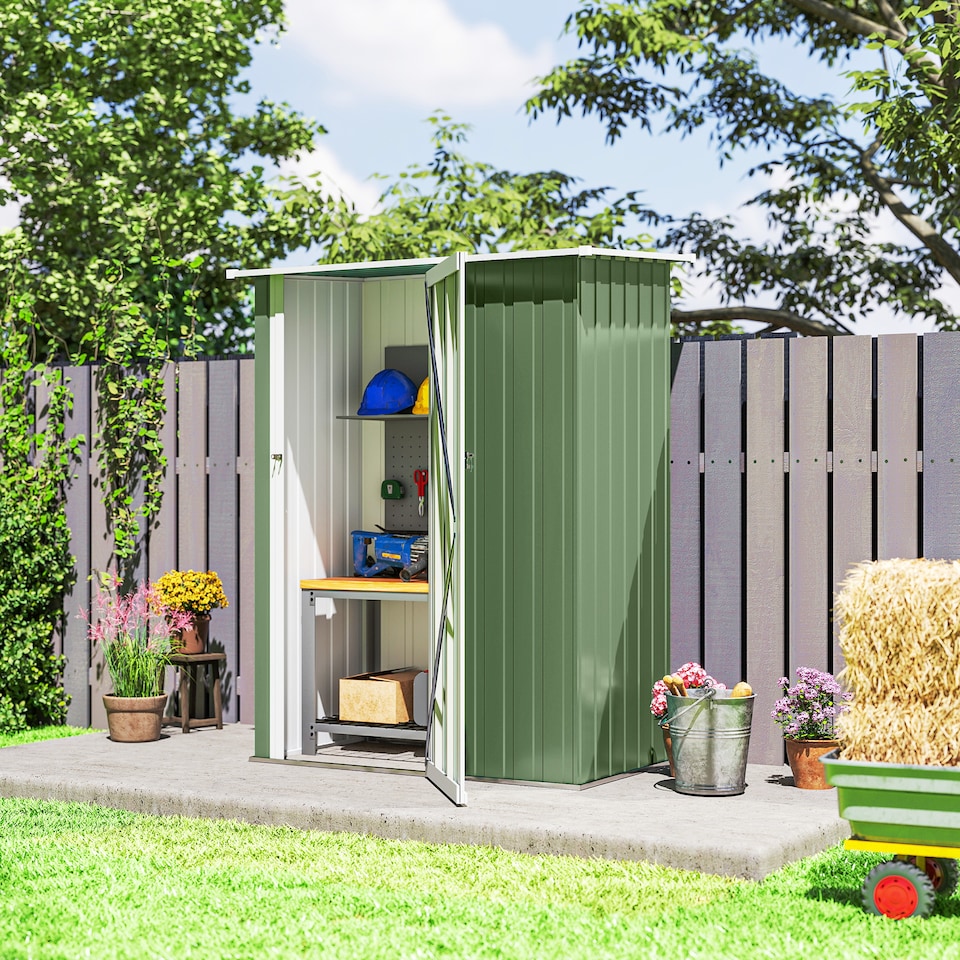 image 1 of Outsunny 5ft x 3ft Garden Storage Shed, Outdoor Metal Shed with Sloped Roof, Lockable Door for Tools, Equipment, Light Green