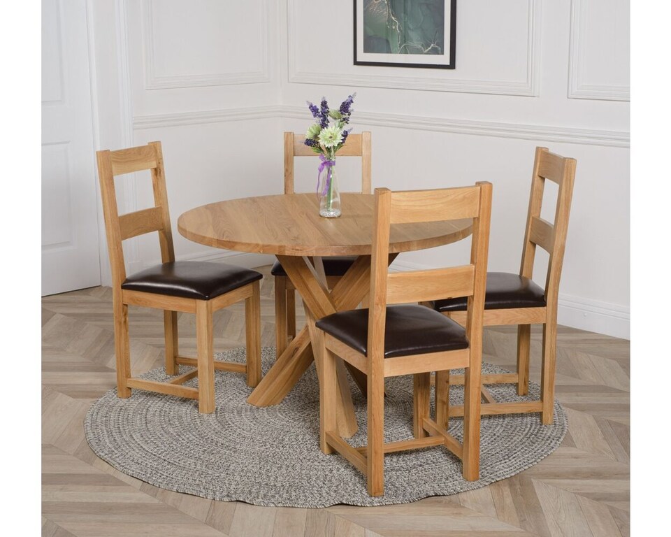 image 1 of Oregon Round Oak Dining Table and 4 Lincoln Chairs | Brown | Brown | 1