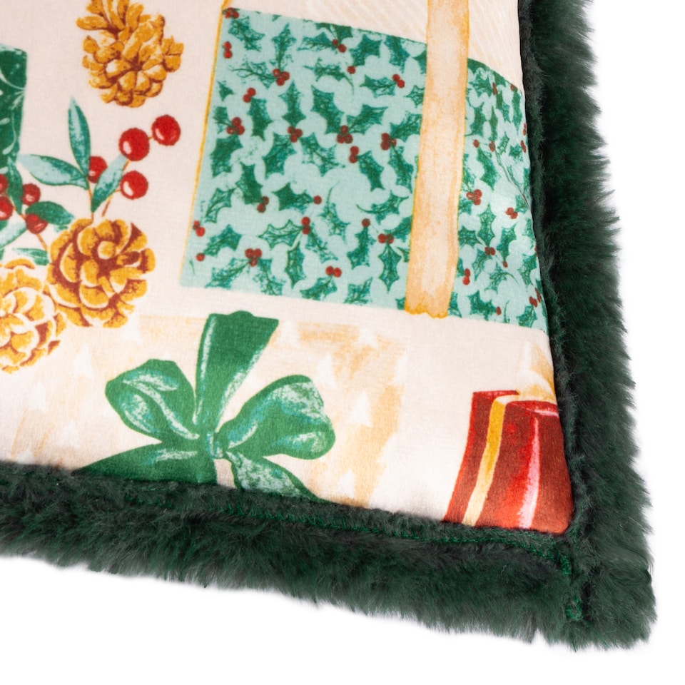 image 1 of Furn All Wrapped Up Velvet Faux Fur Cushion | Green | Emerald/Red