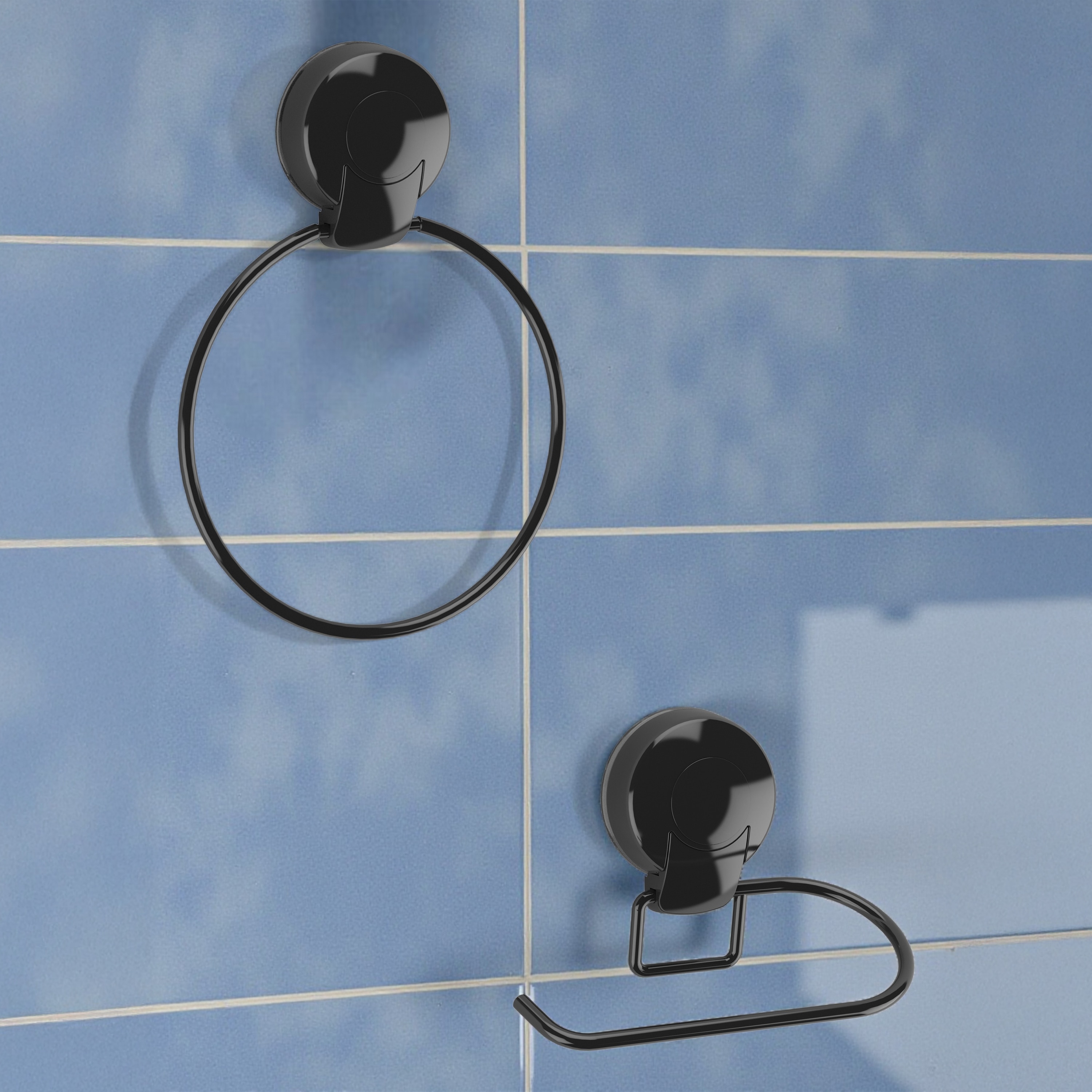 Showerdrape Suctionloc Black 2 Piece Suction Wall Mounted Bathroom Accessory Set Black Black 1