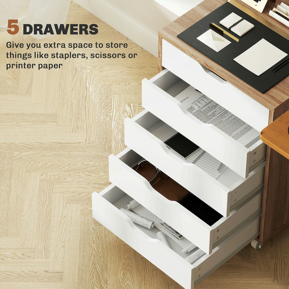 image 1 of Vinsetto Mobile Filing Cabinet, 5-drawer File Cabinet with Wheels, Oak