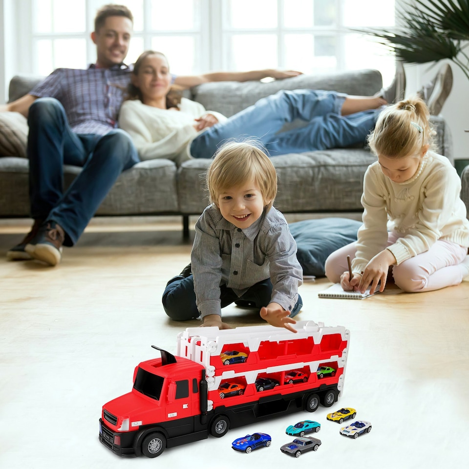 image 1 of 2-in-1 Alloy Car Transport Truck Toy Set with Foldable Catapult Race Track and 10 Mini Cars – Interactive Lights & Music
