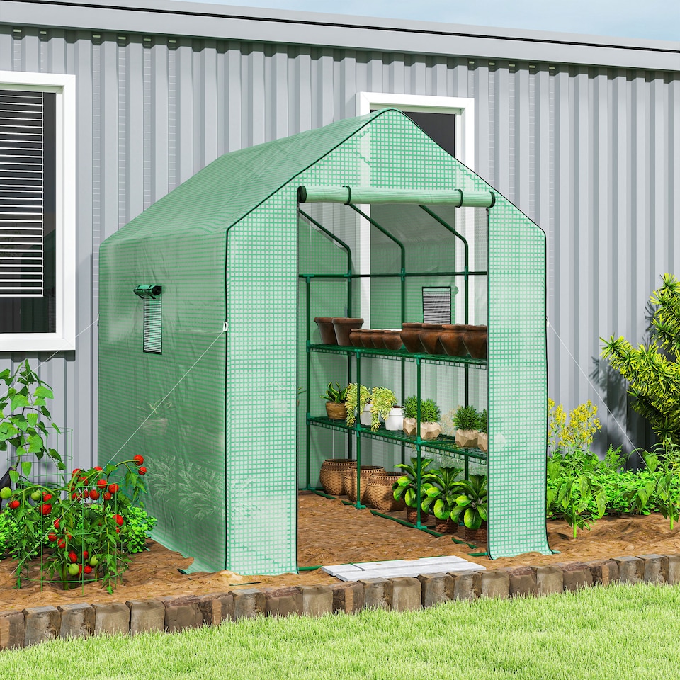 image 1 of Outsunny Walk-in Outdoor Green House with Door and Mesh Windows, Green