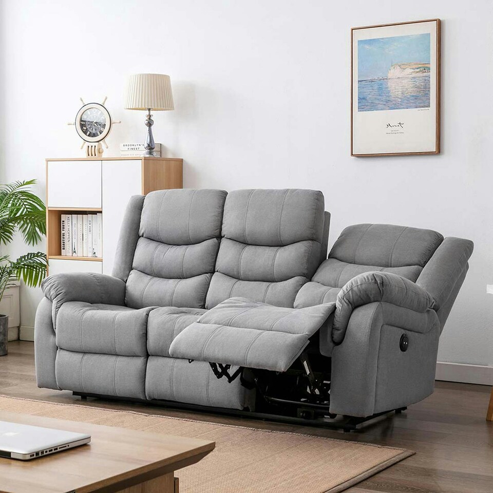 image 1 of Seattle 3 Seater Fabric Manual Recliner Sofa (Grey)