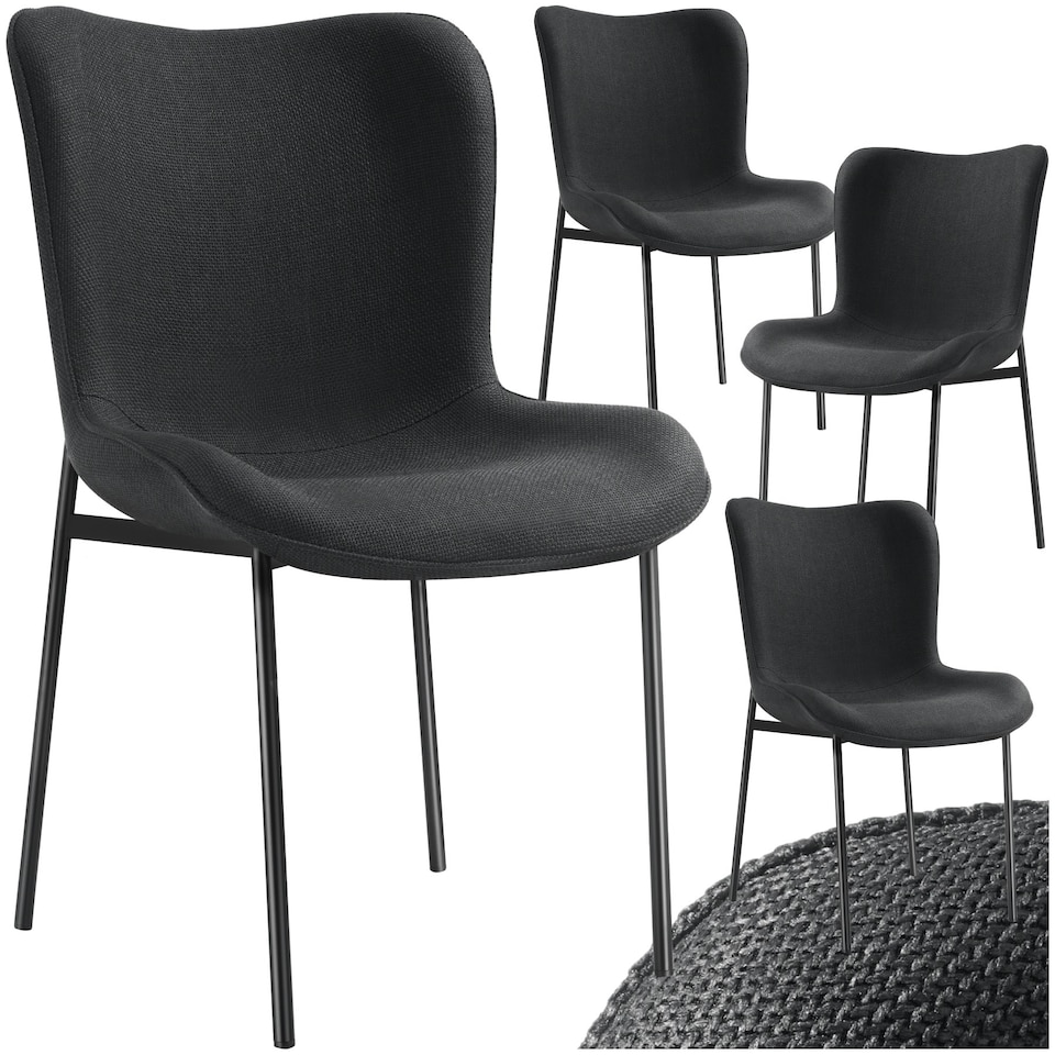 image 1 of Dining Chair Tessa - ergonomic high backrest, slim steel legs, soft fabric - Set of 4 Black | Woven Fabric Black/Black