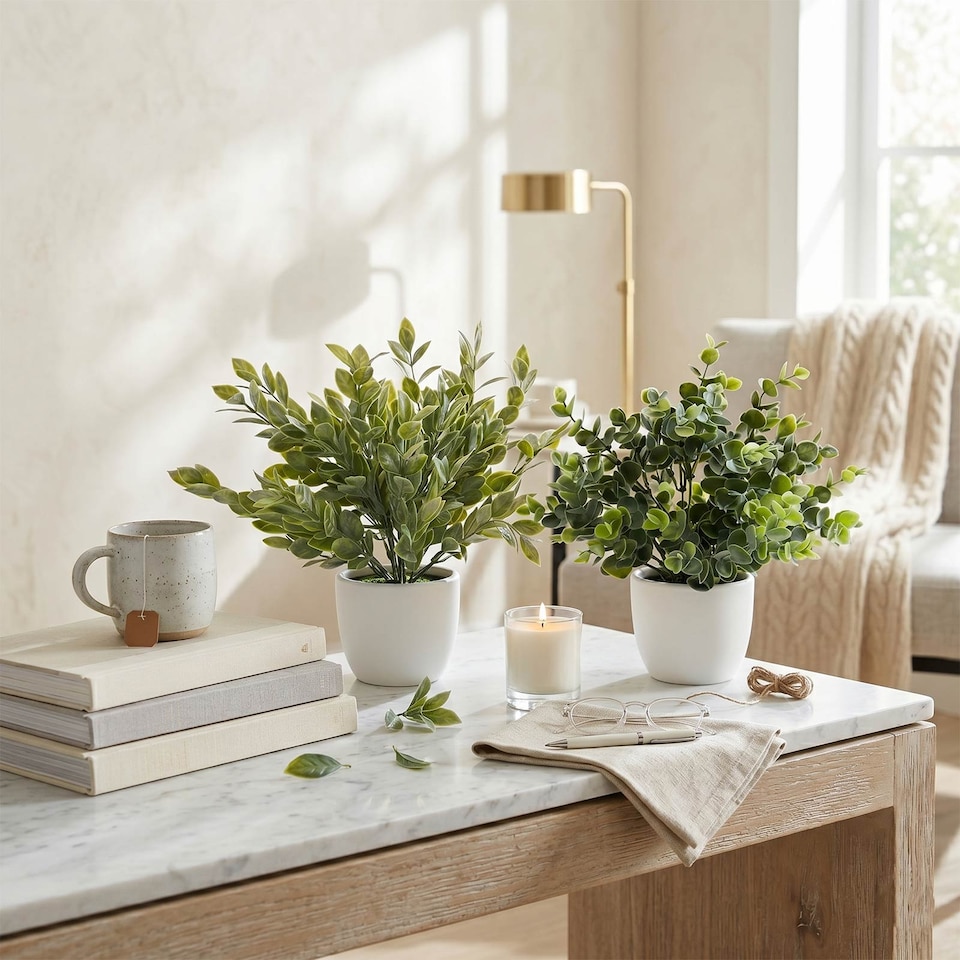 image 1 of Homescapes Artificial Daphne Odora & Eucalyptus in White Pot