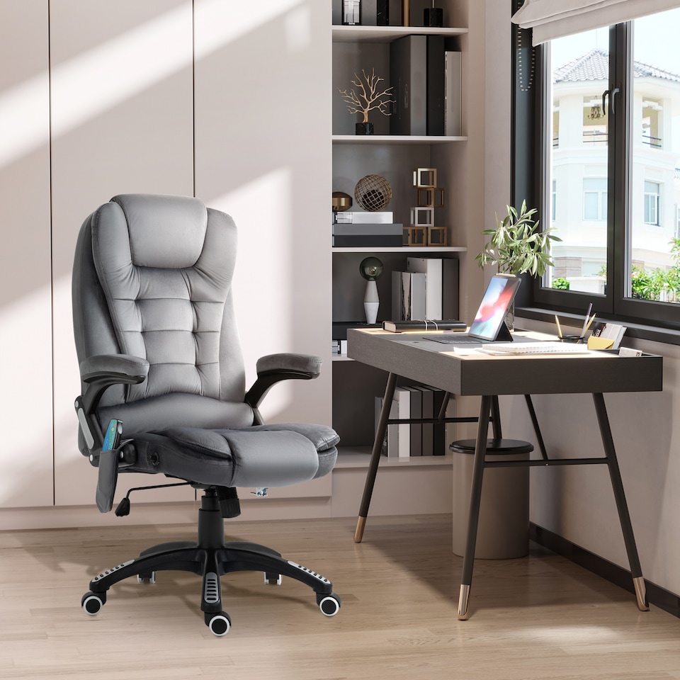 image 1 of Vinsetto Office Chair, Desk Chair with 6-Point Massage and Back Heated, Velvet-Feel Fabric Computer Chair with Arms, Lumbar Support, Gray