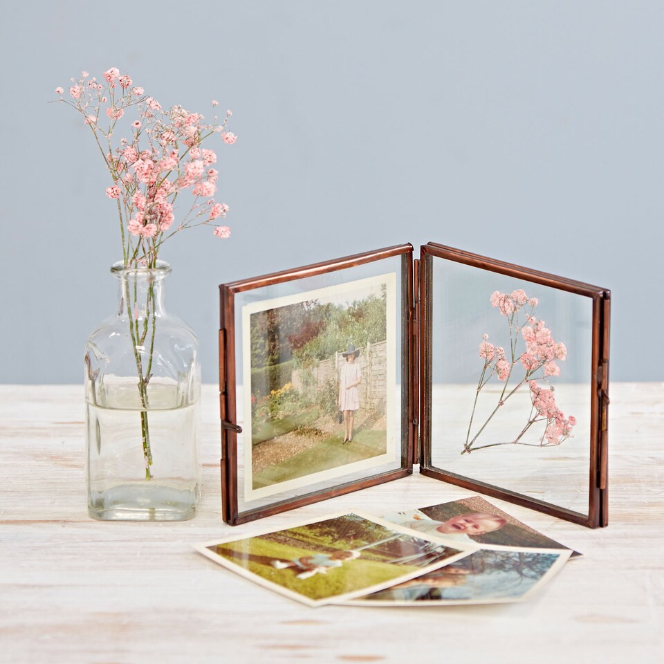 image 1 of Antique Brass Recycled Glass Folded Double Photo Frame