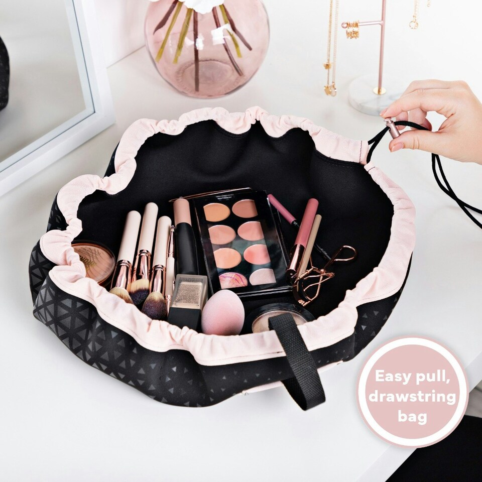 image 1 of Minky Scrunchie Beauty Bag – Black & Pink