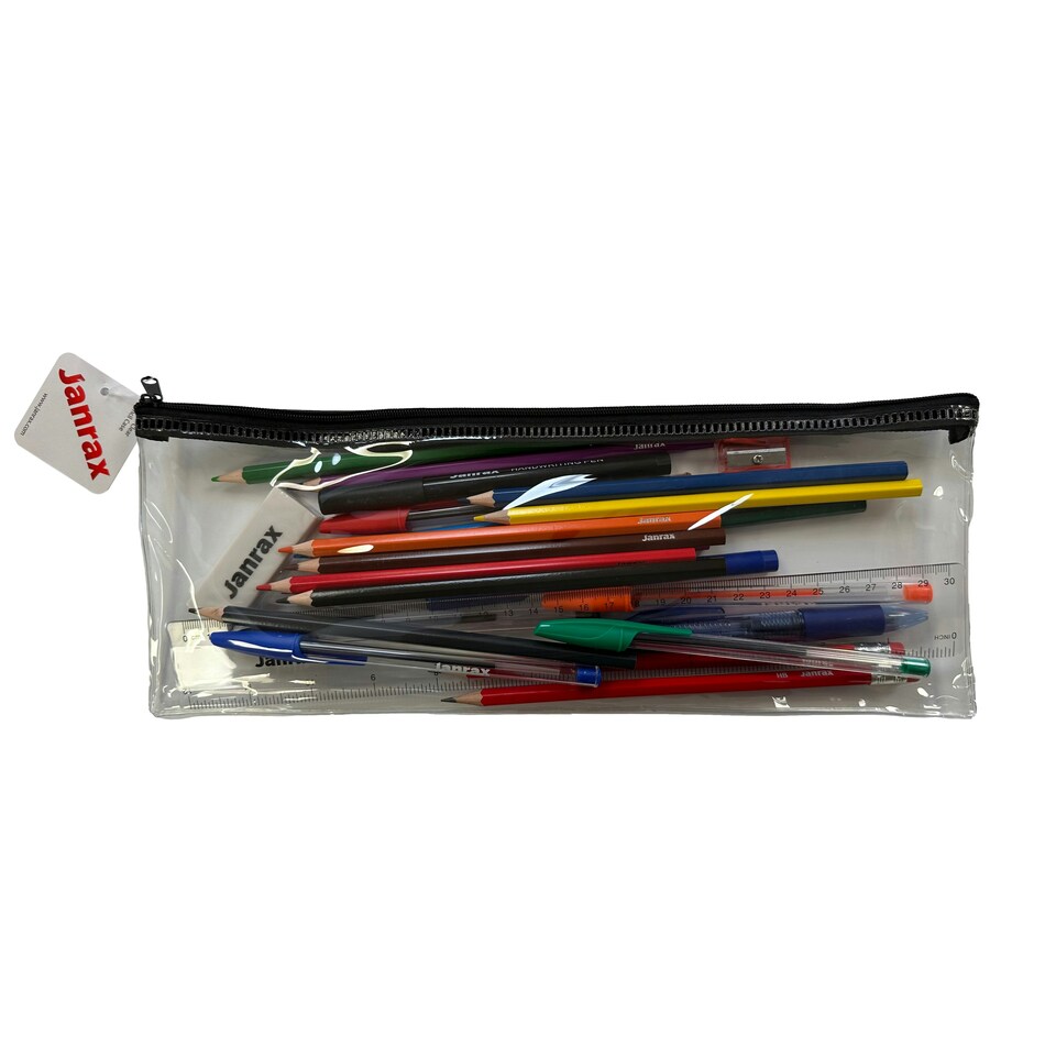 image 1 of Stationery Filled Blue Zip 13x5" Pencil Case with Colouring Pencils
