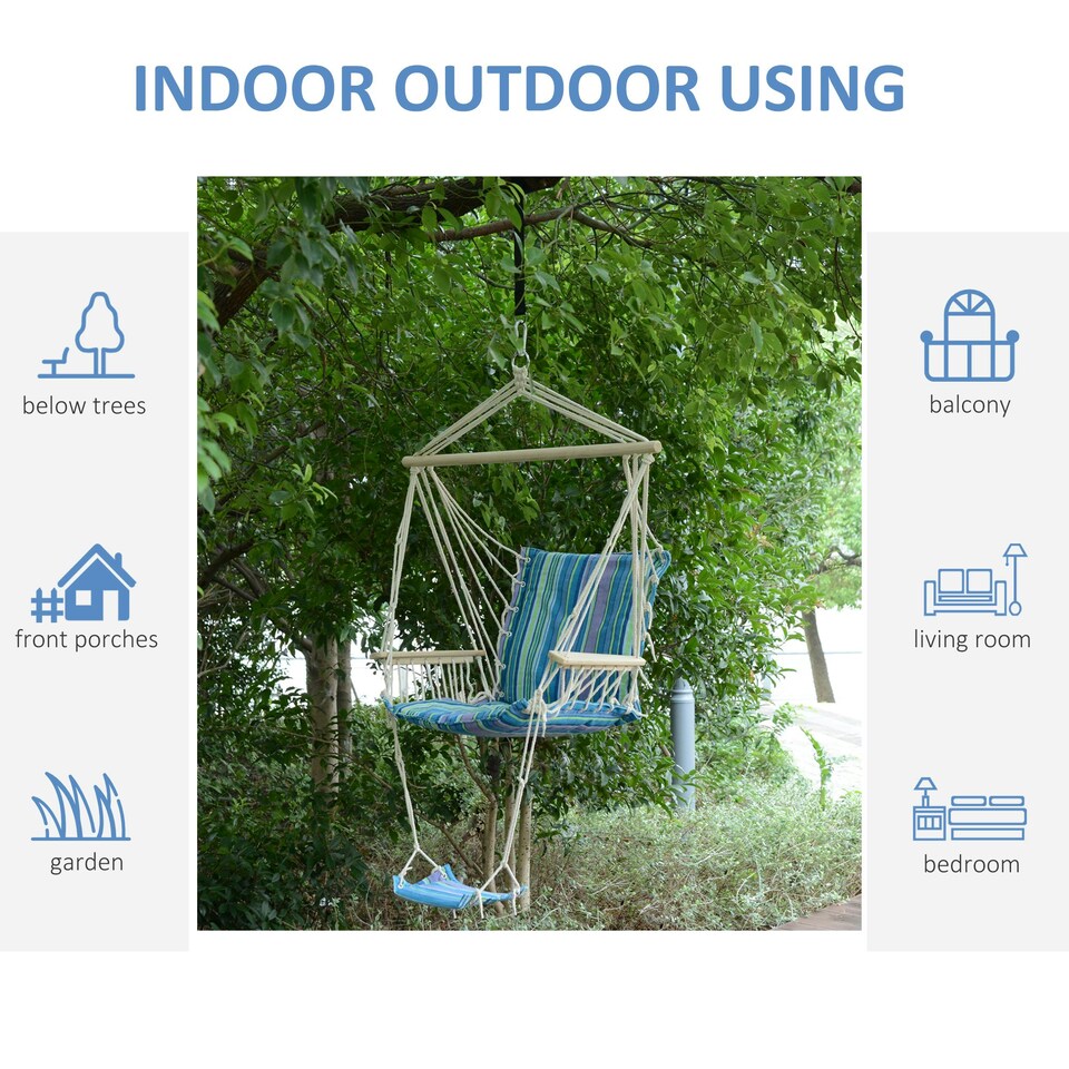 image 1 of Outsunny Garden Hammock w/ Footrest Armrest Swing Seat Hanging Blue