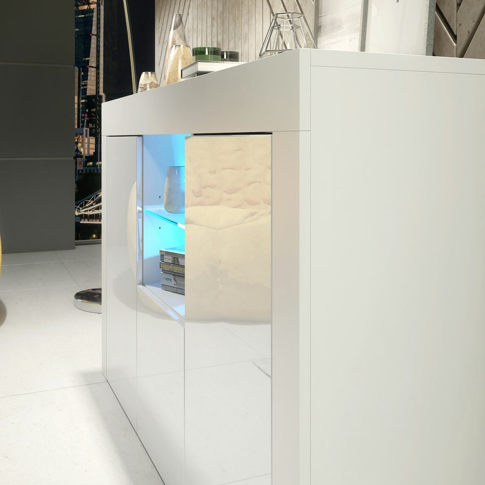 image 1 of White TV Unit 145cm Gloss Doors Free LED Modern Media Cabinet White