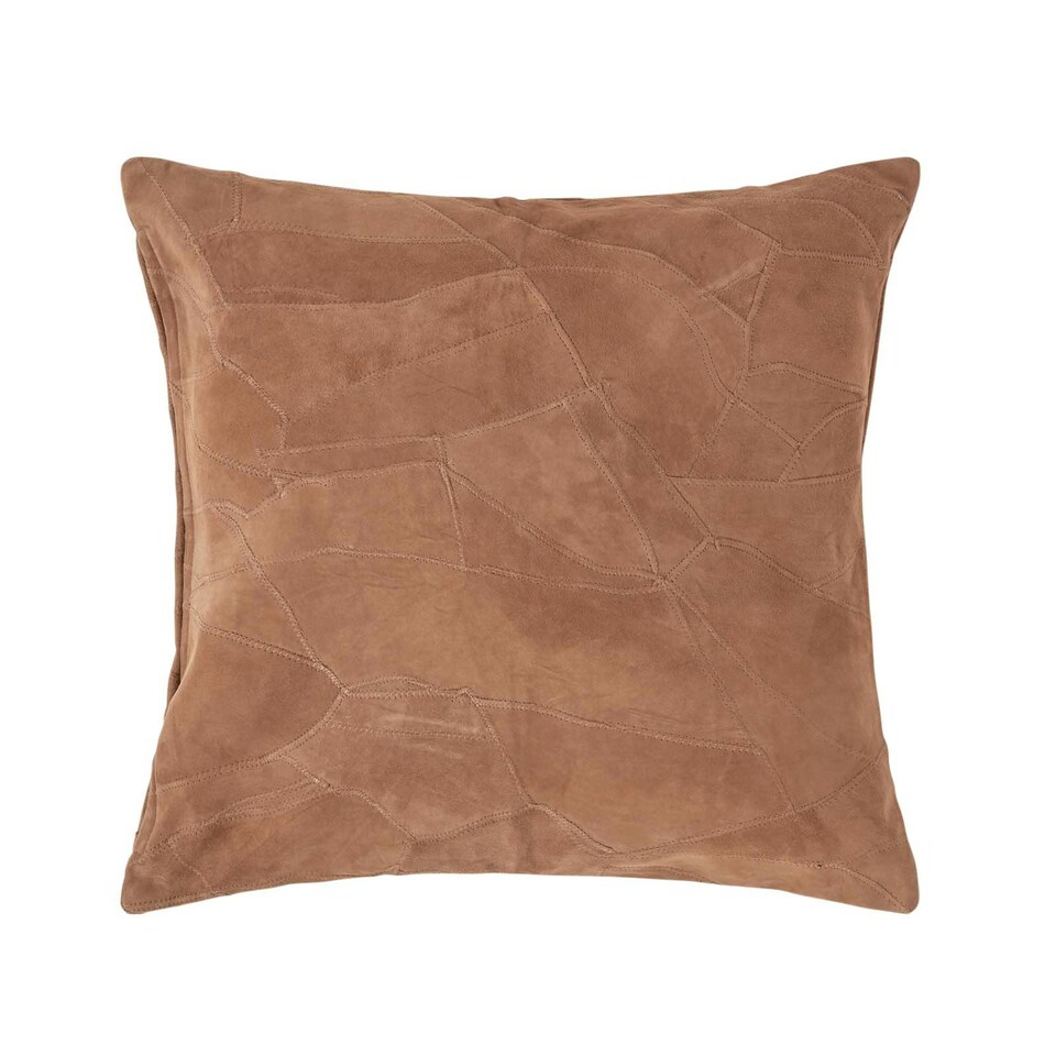 image 1 of Homescapes Tan Brown Real Leather Suede Cushion with Feather Filling - 45 x 45 cm Brown