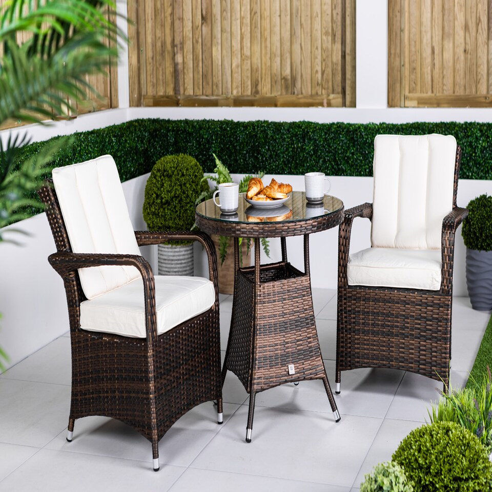 image 1 of Arizona Round Rattan Garden Bistro Table and Chairs Set 2 Seater | Brown | Brown