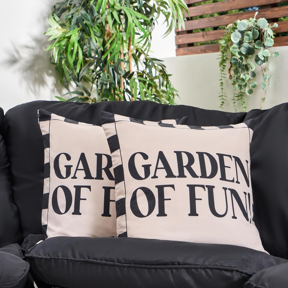 image 1 of OHS 2 x Garden of Fun Slogan Garden Cushion Covers Outdoor Water Resistant