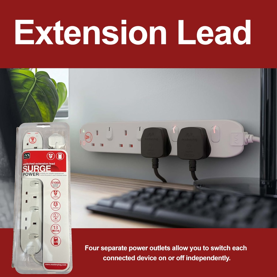 image 1 of Masterplug 4 Socket Surge Protected Extension Lead With Individual Switches Pack of 2