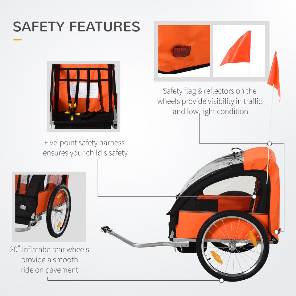 image 1 of HOMCOM 18m  2-Seat Child Bike Trailer for Kid w Steel Frame Seat Belt Orange