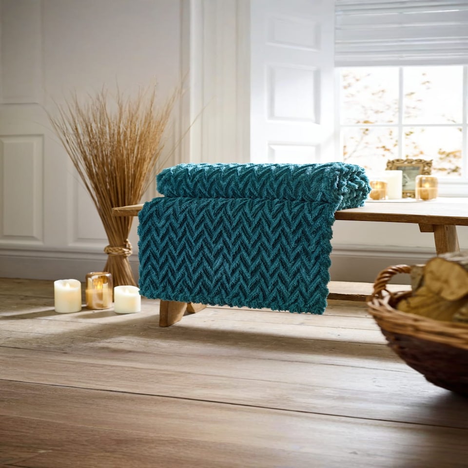 image 1 of Tadcaster Chevron Plush Throw, 140×180cm – Warm Decorative Sofa Blanket | Blue | Teal