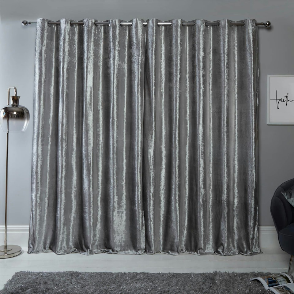 image 1 of OHS Luxury Soft Crushed Velvet Lined Eyelet Curtains, 46x54" - Silver