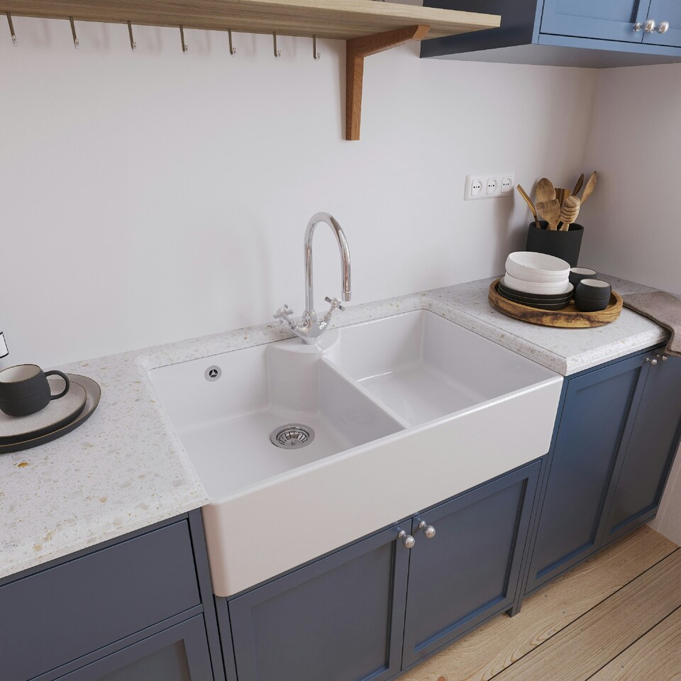 image 1 of Fireclay 895mm Double Bowl Butler Kitchen Sink - With Overflow, Mixer Tap & Wastes - Traditional Ceramic Belfast by Balterley