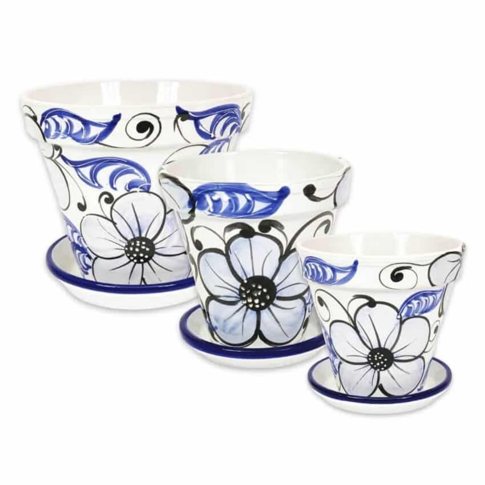 image 1 of Verano Spanish Ceramics Set of 3 Plant Pots & Drainage Plates - 16-29cm Blue Flower