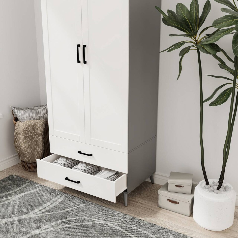 image 1 of DEVON Wardrobe 2 Door 2 Drawer Modern Bedroom Clothes Storage Hanging Rail 180cm | Grey | Grey White | 1