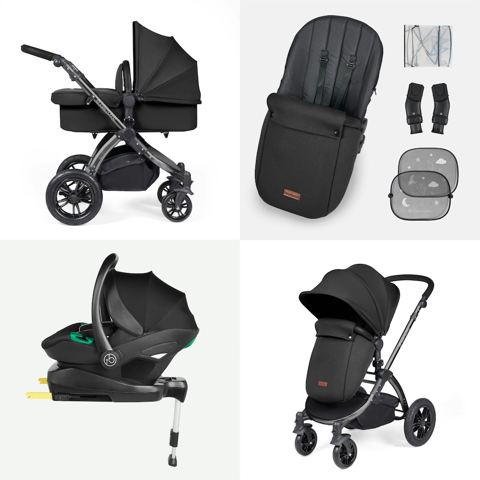 image 1 of Stomp Luxe 12pc Travel System with Stratus i-Size Car Seat & ISOFIX Base, Carrycot, Reversible Seat, Rain Cover & More (Black/Midnight/Black)