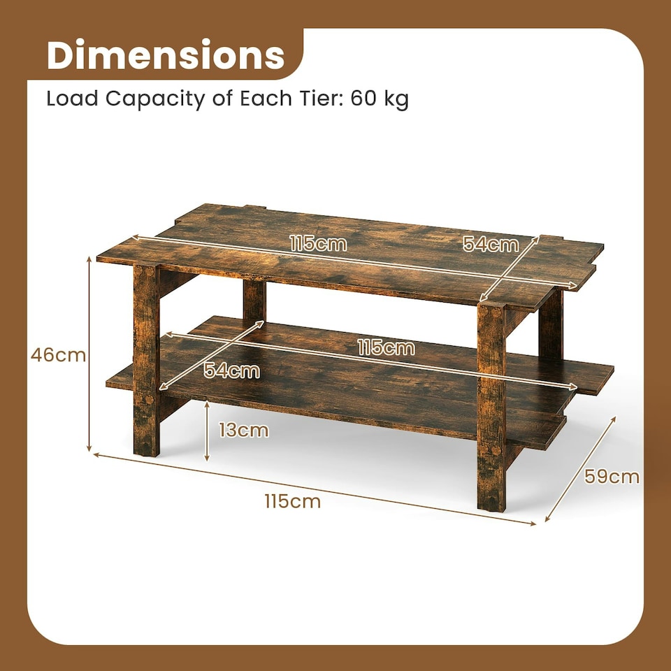 image 1 of COSTWAY 2-Tier Coffee Table Slatted Wood Center Table Walnut Brown
