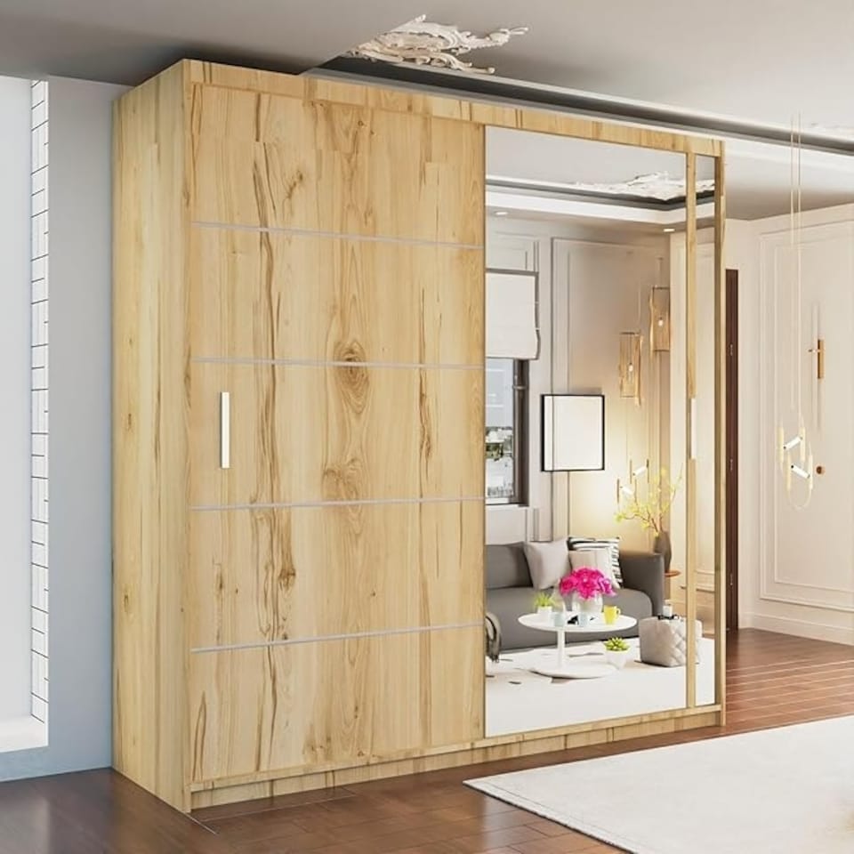 image 1 of Stylish 180cm Sliding Wardrobe with Full Mirror Door & Lined Panel Design | White, Black, Grey Finish Brown | Oak180cm
