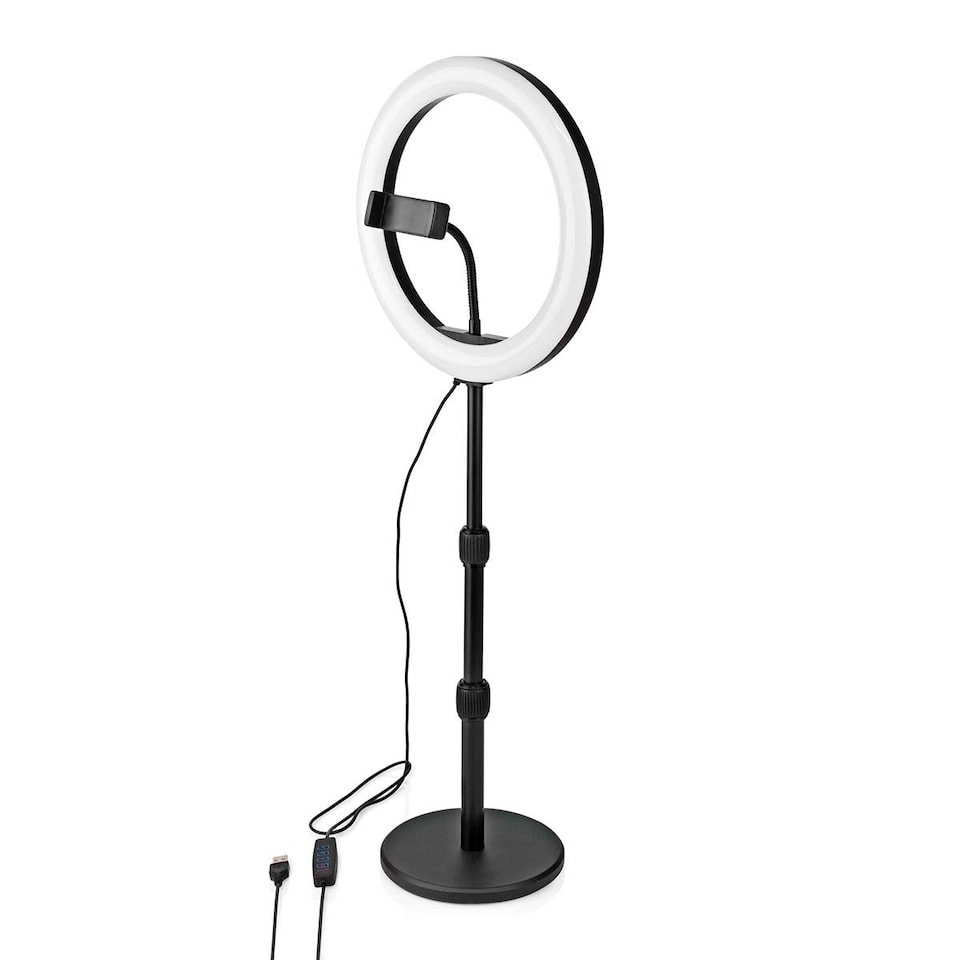 image 1 of Nedis Ring Light, 10" LED Ring Lamp with 120 LEDs on Aluminium Table Stand, USB Powered, with Flexible Phone Holder, 10 Light Modes