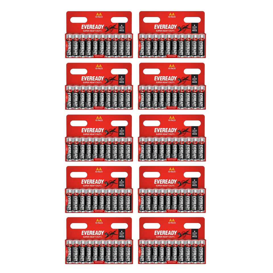 10x Eveready Super Heavy Duty AA Zinc Batteries - Pack of 10 (100x Batteries in total)