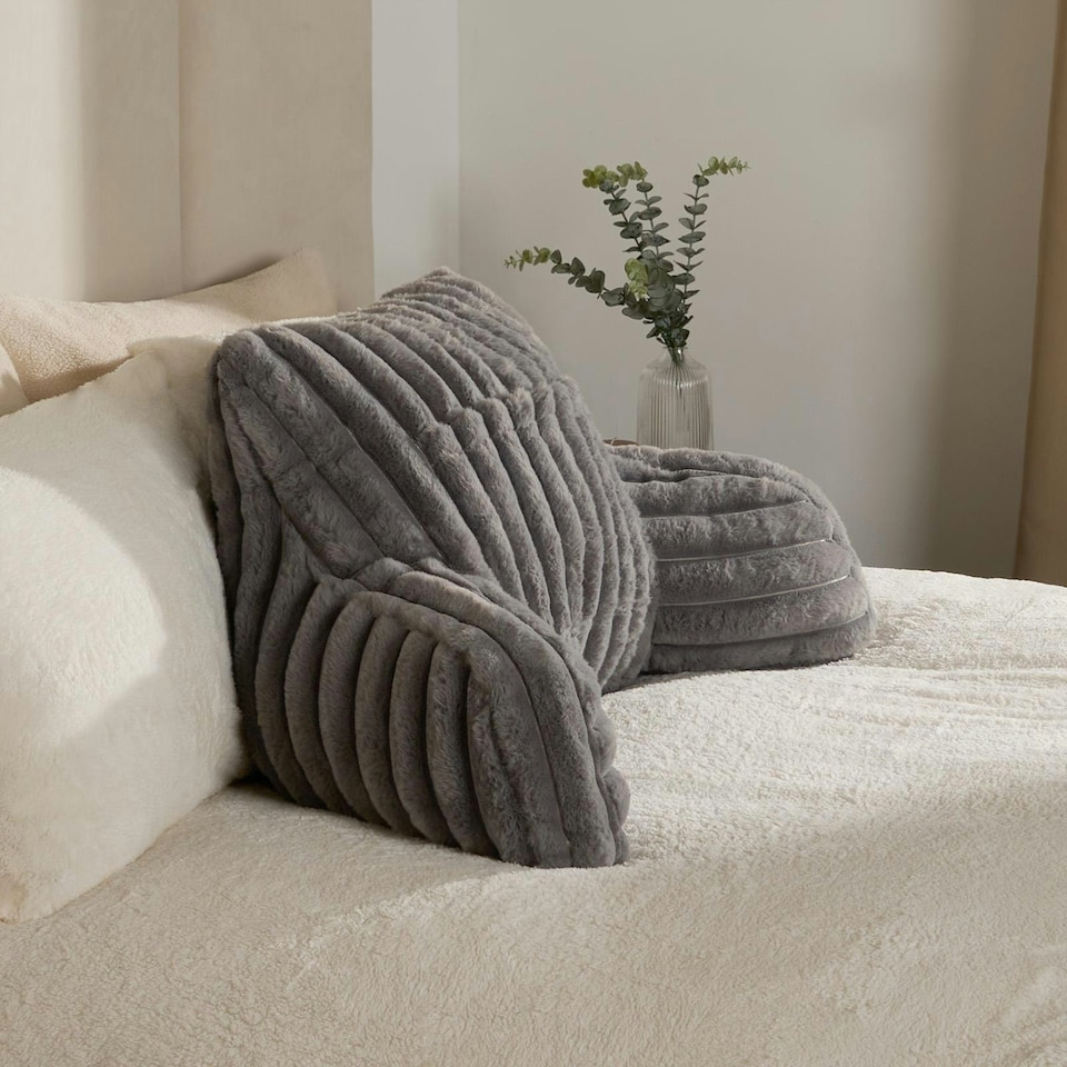 image 1 of OHS Faux Fur Ribbed Heatable Pocket Bed Reading Cuddle Cushion, 65x40cm - Grey