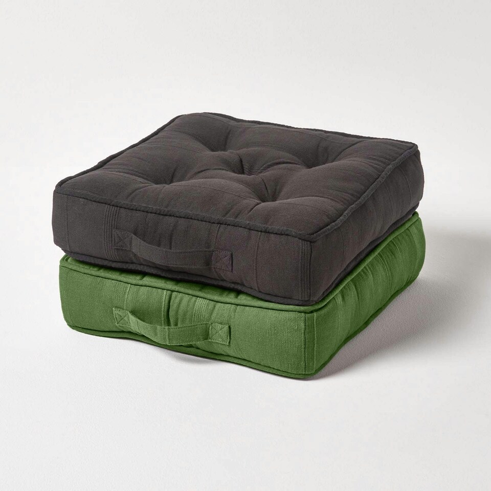 image 1 of Homescapes Rajput Ribbed Cotton Floor Cushion Dark Olive | Green | Dark Olive | 40 x 40 cm